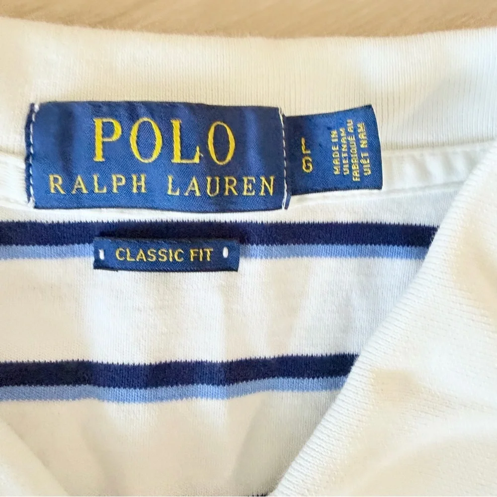 Polo Ralph Lauren Men’s Classic Fit Polo Shirt White Blue Striped Short Sl Large